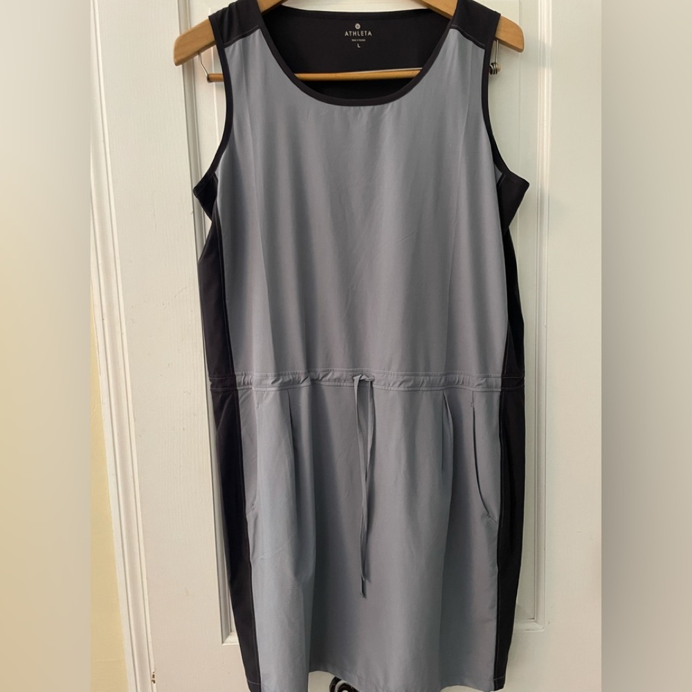 Athleta Tank Dress Size Large Black Gray Drawstring Waist Pockets Great Cond!
